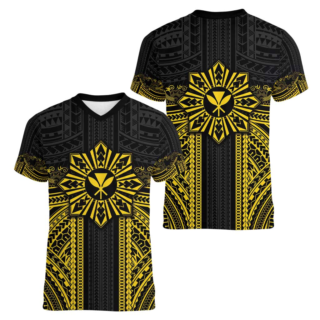 Hawaii And Philippines Together Women V-Neck T-Shirt Polynesian Pattern With Filipino Barong Gold LT05 - Polynesian Pride