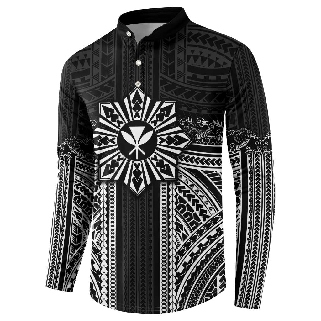 Hawaii And Philippines Together Button Sweatshirt Polynesian Pattern With Filipino Barong Black LT05 - Polynesian Pride