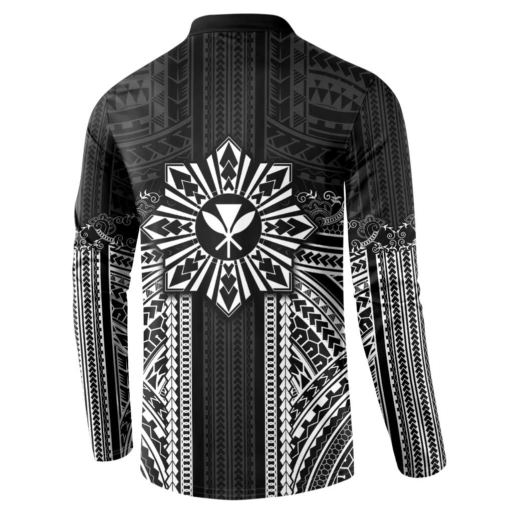 Hawaii And Philippines Together Button Sweatshirt Polynesian Pattern With Filipino Barong Black LT05 - Polynesian Pride