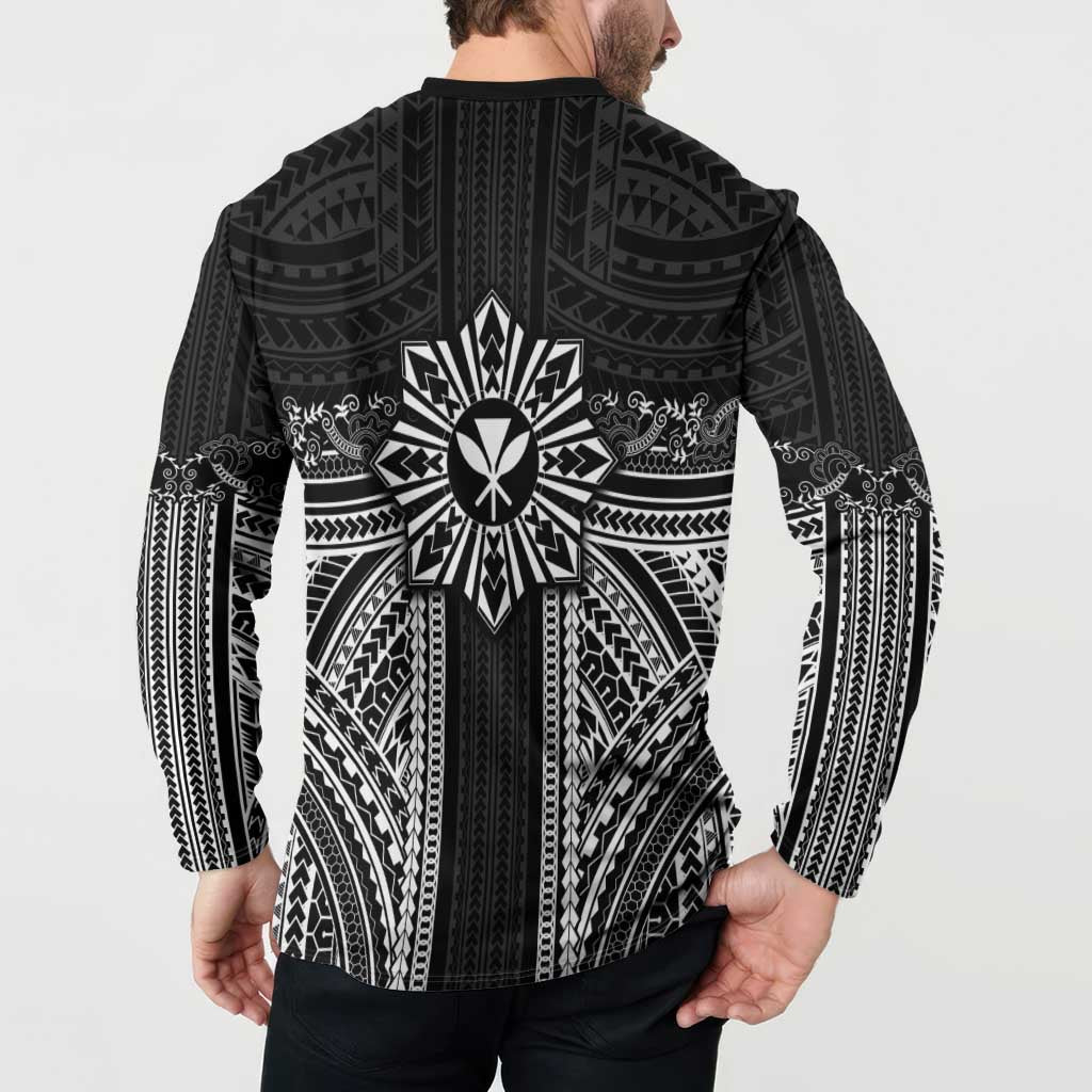 Hawaii And Philippines Together Button Sweatshirt Polynesian Pattern With Filipino Barong Black LT05 - Polynesian Pride