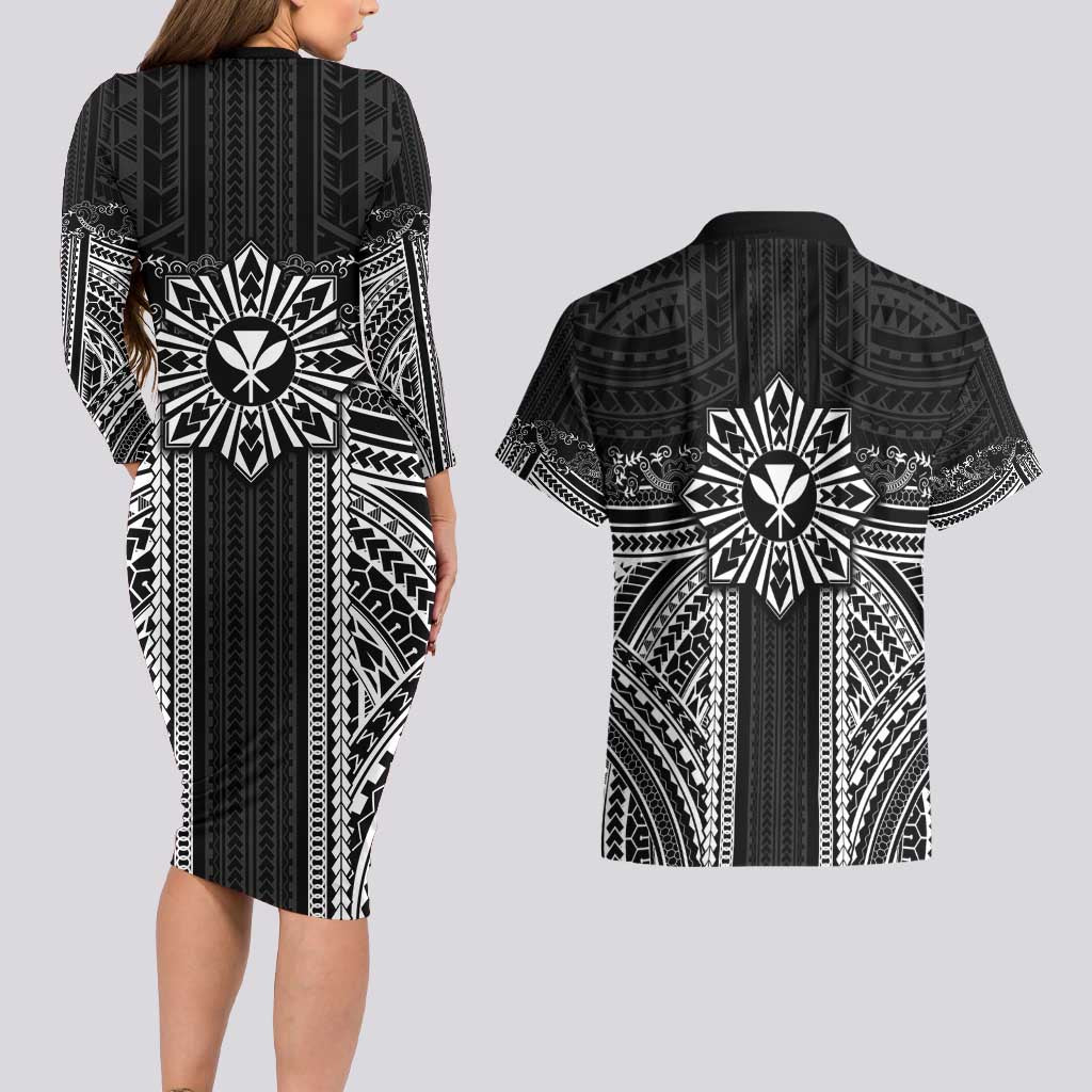 Hawaii And Philippines Together Couples Matching Long Sleeve Bodycon Dress and Hawaiian Shirt Polynesian Pattern With Filipino Barong Black LT05 - Polynesian Pride