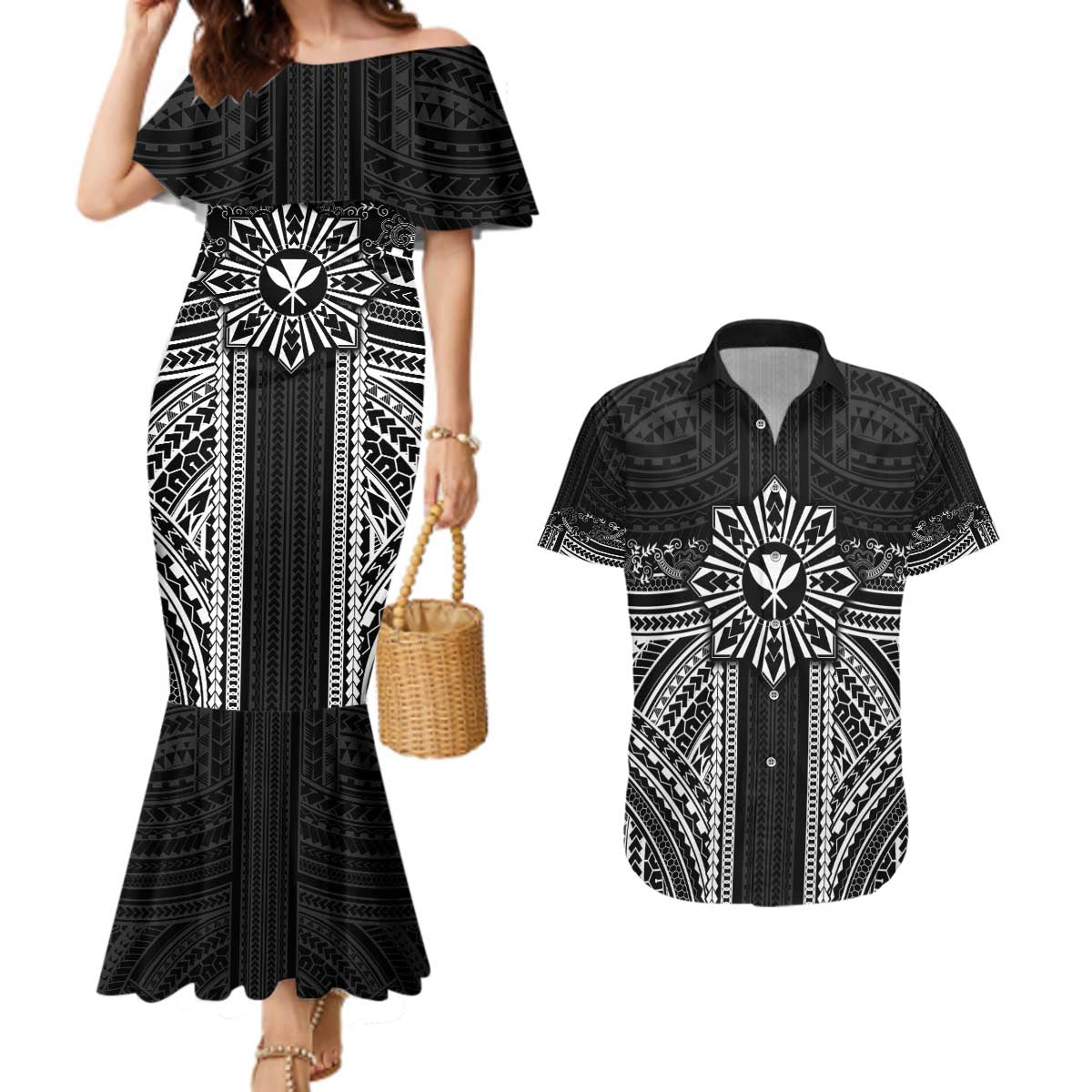 Hawaii And Philippines Together Couples Matching Mermaid Dress and Hawaiian Shirt Polynesian Pattern With Filipino Barong Black LT05 Black - Polynesian Pride