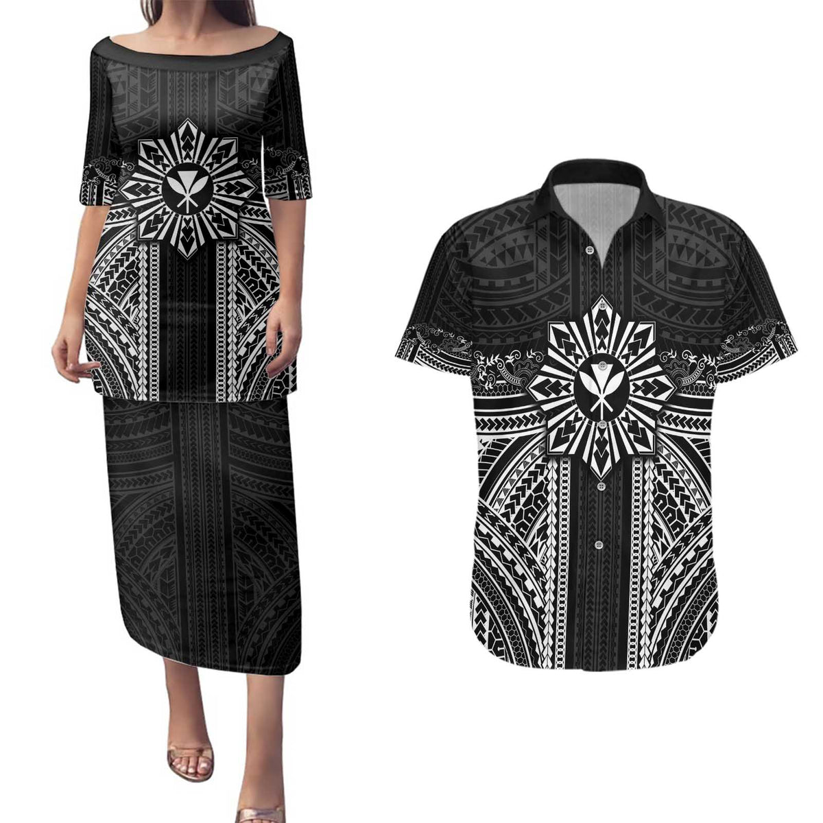 Hawaii And Philippines Together Couples Matching Puletasi and Hawaiian Shirt Polynesian Pattern With Filipino Barong Black LT05 Black - Polynesian Pride
