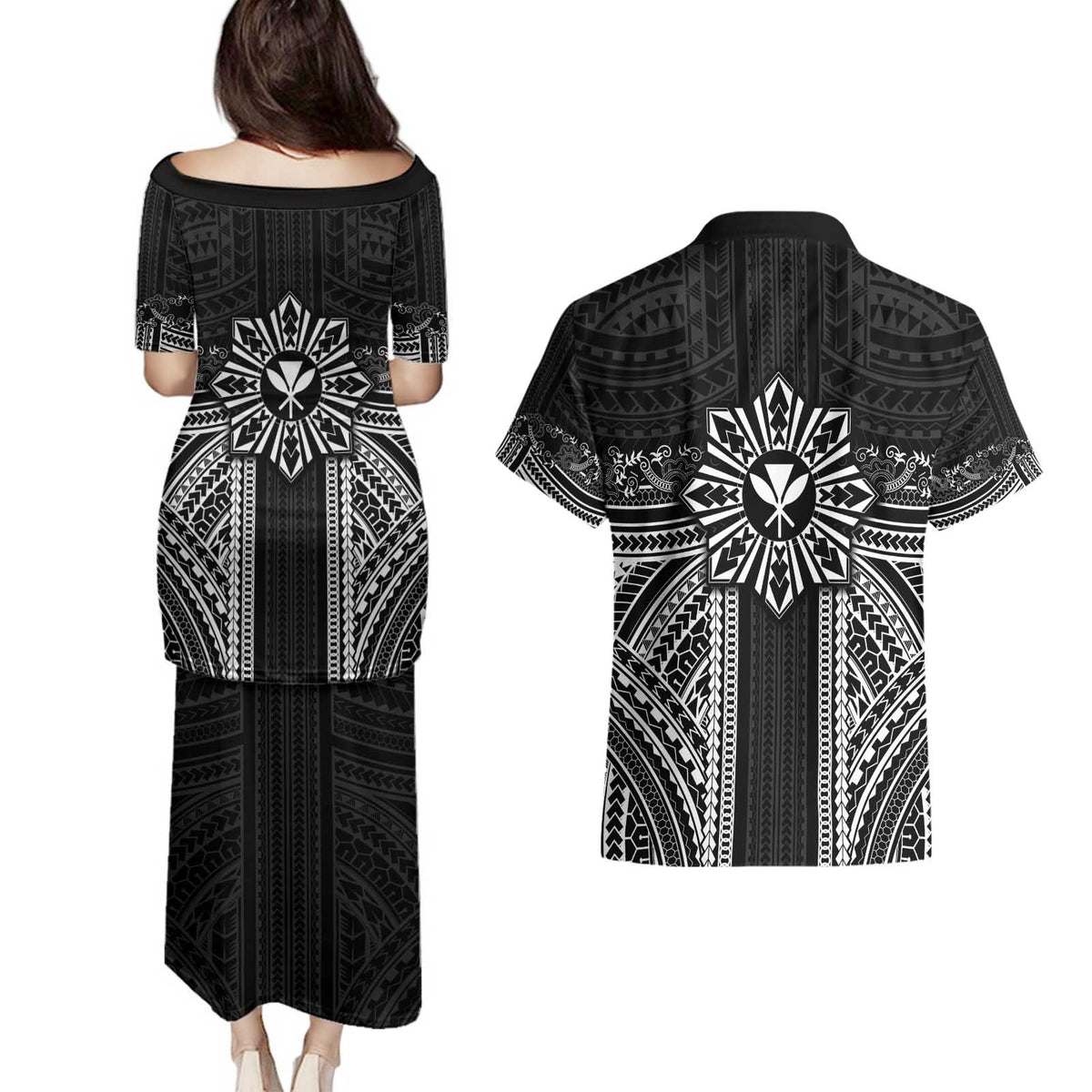 Hawaii And Philippines Together Couples Matching Puletasi and Hawaiian Shirt Polynesian Pattern With Filipino Barong Black LT05 - Polynesian Pride