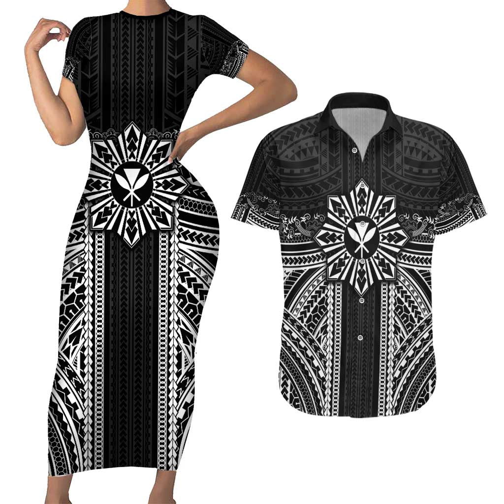 Hawaii And Philippines Together Couples Matching Short Sleeve Bodycon Dress and Hawaiian Shirt Polynesian Pattern With Filipino Barong Black LT05 Black - Polynesian Pride