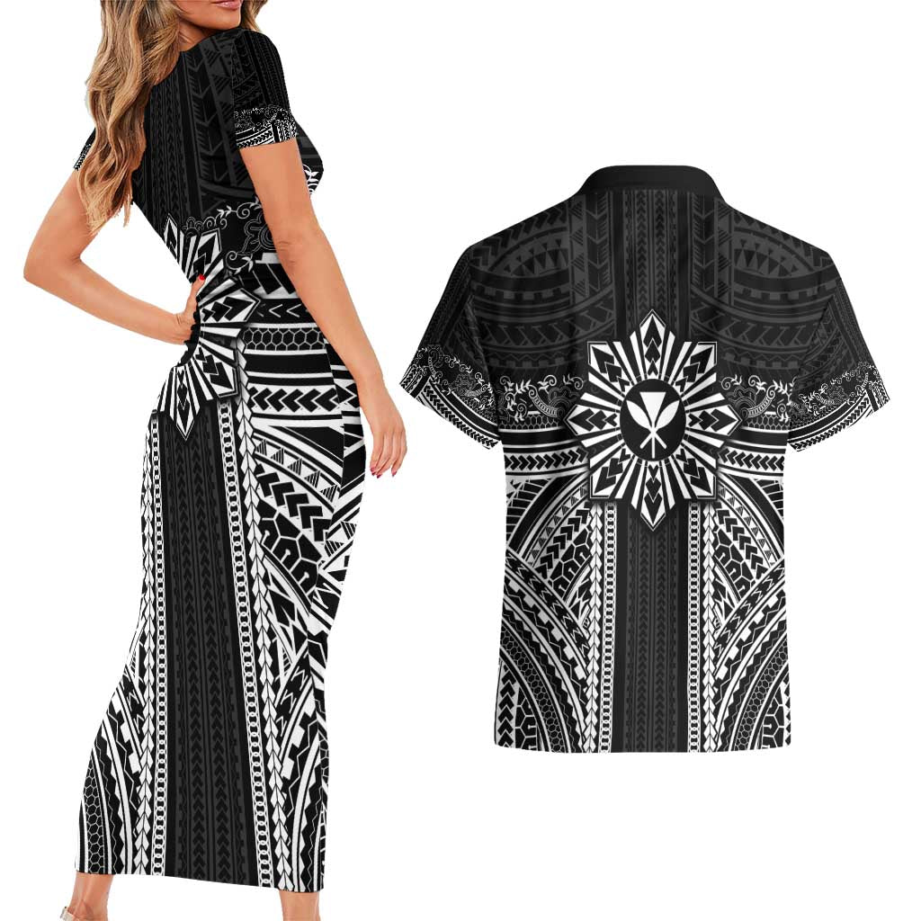 Hawaii And Philippines Together Couples Matching Short Sleeve Bodycon Dress and Hawaiian Shirt Polynesian Pattern With Filipino Barong Black LT05 - Polynesian Pride