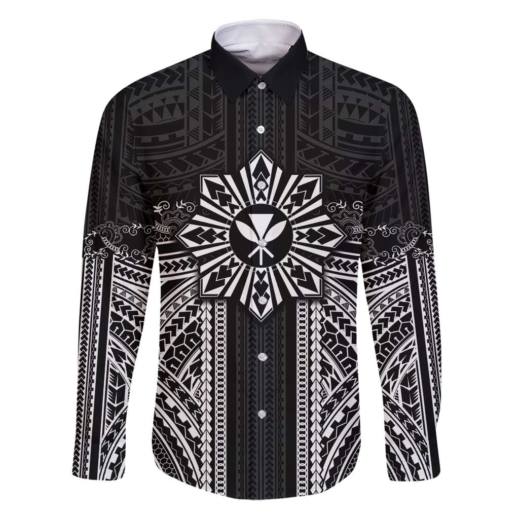 Hawaii And Philippines Together Family Matching Mermaid Dress and Hawaiian Shirt Polynesian Pattern With Filipino Barong Black LT05 Dad's Shirt - Long Sleeve Black - Polynesian Pride
