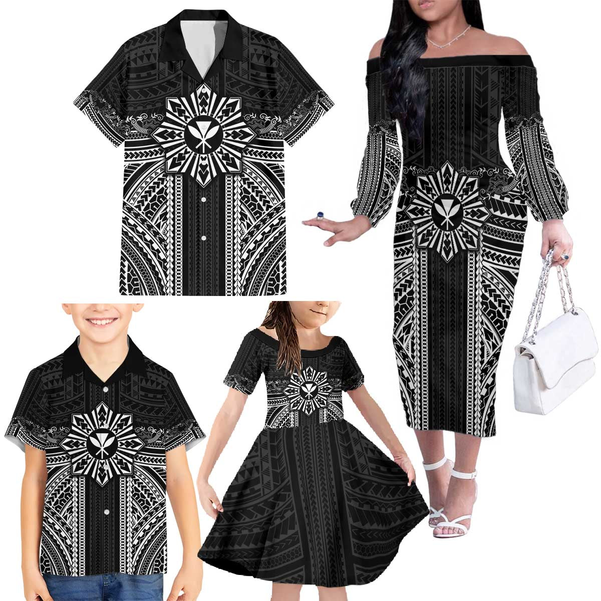 Hawaii And Philippines Together Family Matching Off The Shoulder Long Sleeve Dress and Hawaiian Shirt Polynesian Pattern With Filipino Barong Black LT05 - Polynesian Pride