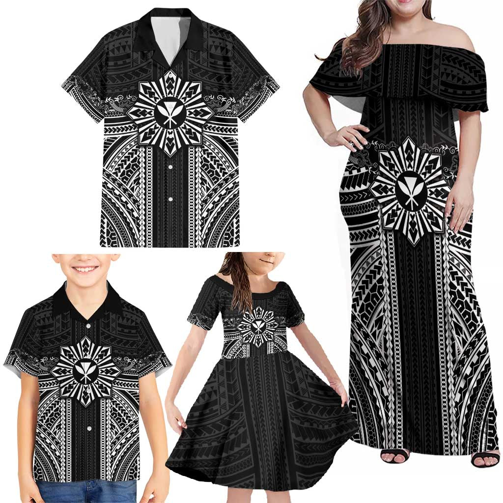 Hawaii And Philippines Together Family Matching Off Shoulder Maxi Dress and Hawaiian Shirt Polynesian Pattern With Filipino Barong Black LT05 - Polynesian Pride