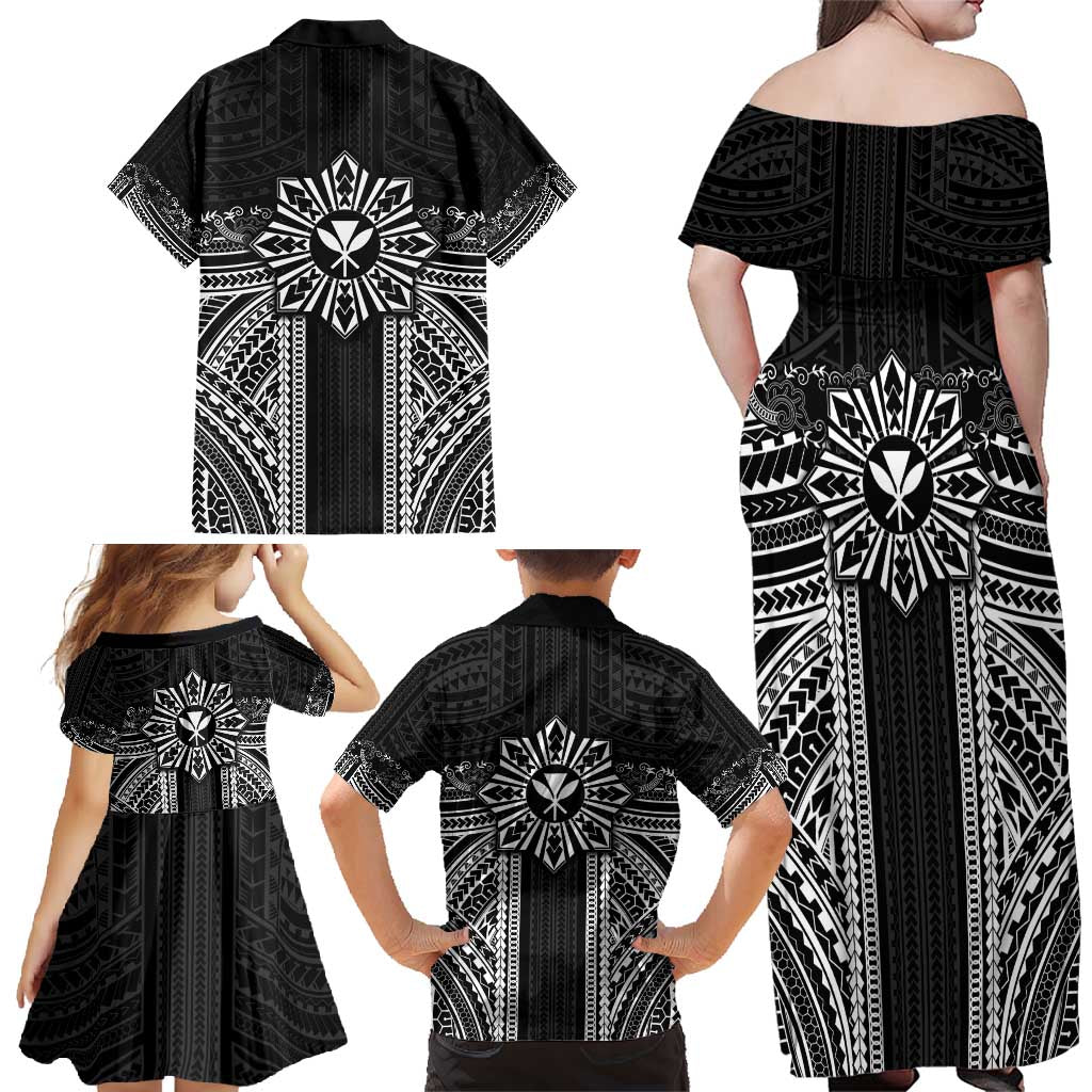 Hawaii And Philippines Together Family Matching Off Shoulder Maxi Dress and Hawaiian Shirt Polynesian Pattern With Filipino Barong Black LT05 - Polynesian Pride