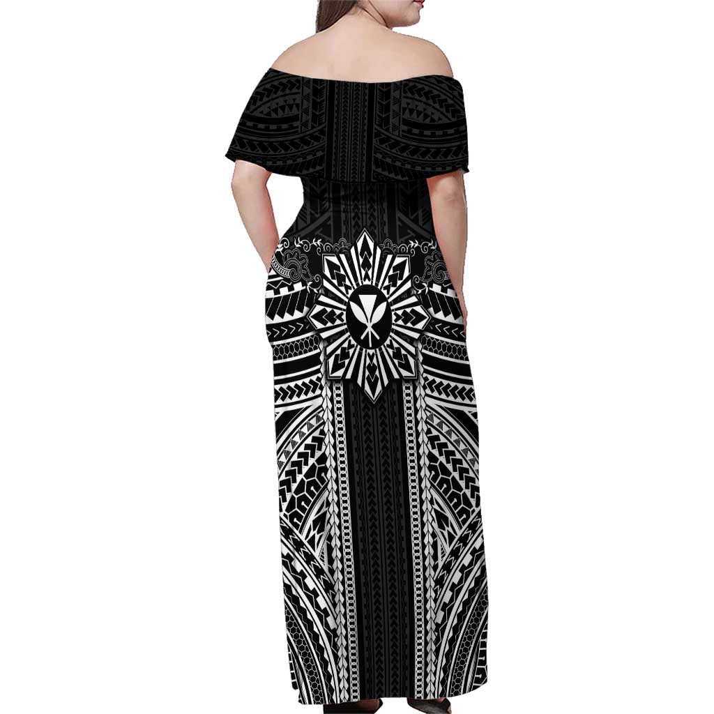 Hawaii And Philippines Together Family Matching Off Shoulder Maxi Dress and Hawaiian Shirt Polynesian Pattern With Filipino Barong Black LT05 - Polynesian Pride
