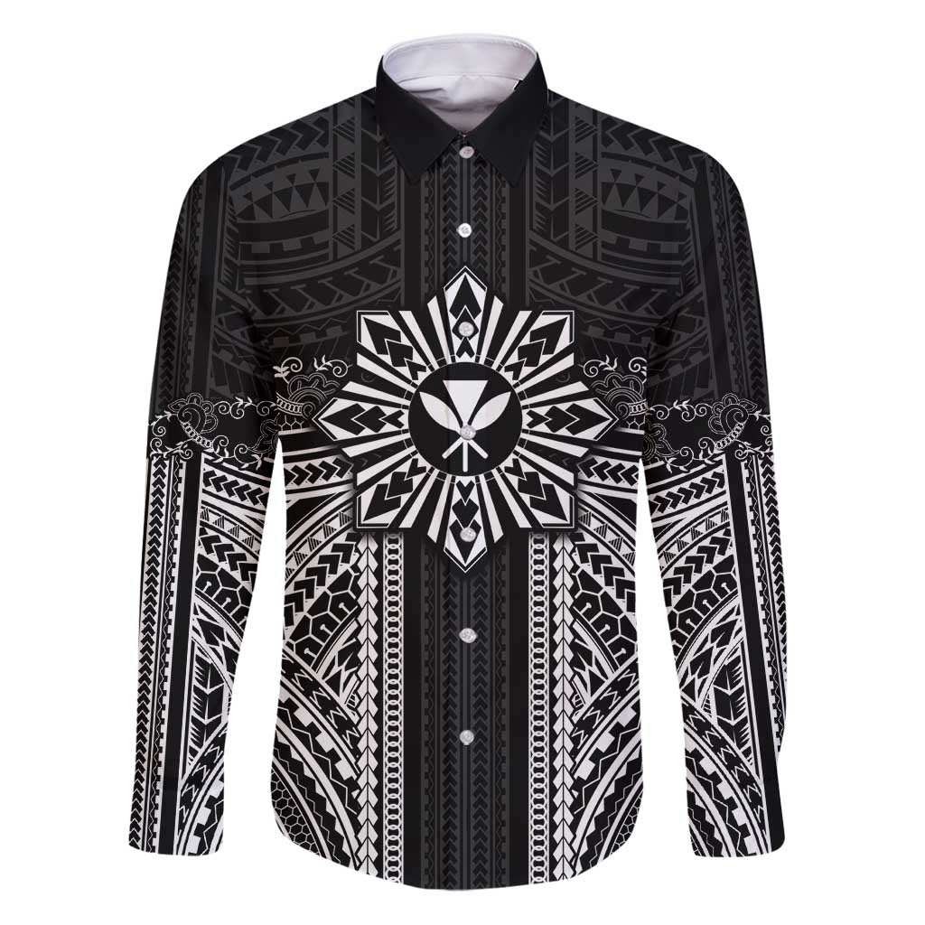 Hawaii And Philippines Together Family Matching Puletasi and Hawaiian Shirt Polynesian Pattern With Filipino Barong Black LT05 Dad's Shirt - Long Sleeve Black - Polynesian Pride