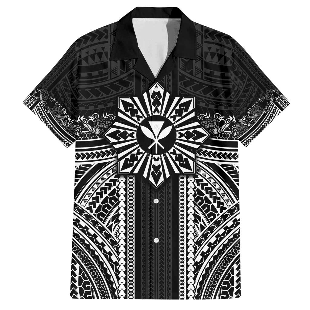 Hawaii And Philippines Together Family Matching Tank Maxi Dress and Hawaiian Shirt Polynesian Pattern With Filipino Barong Black