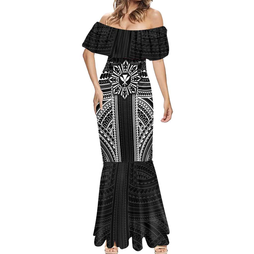 Hawaii And Philippines Together Mermaid Dress Polynesian Pattern With Filipino Barong Black