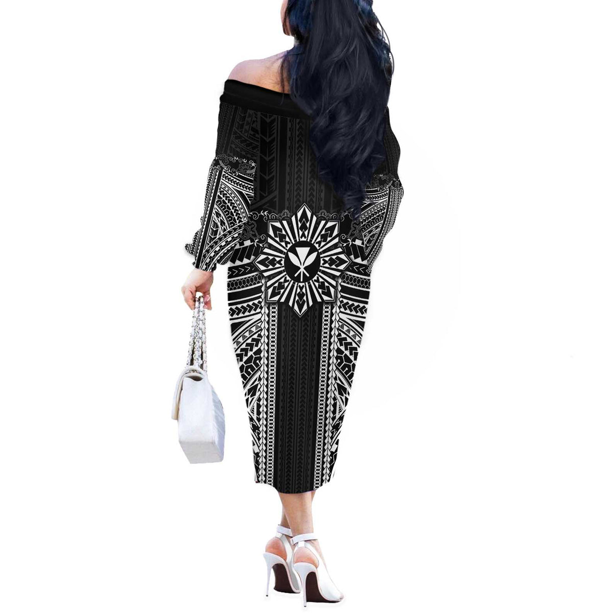 Hawaii And Philippines Together Off The Shoulder Long Sleeve Dress Polynesian Pattern With Filipino Barong Black