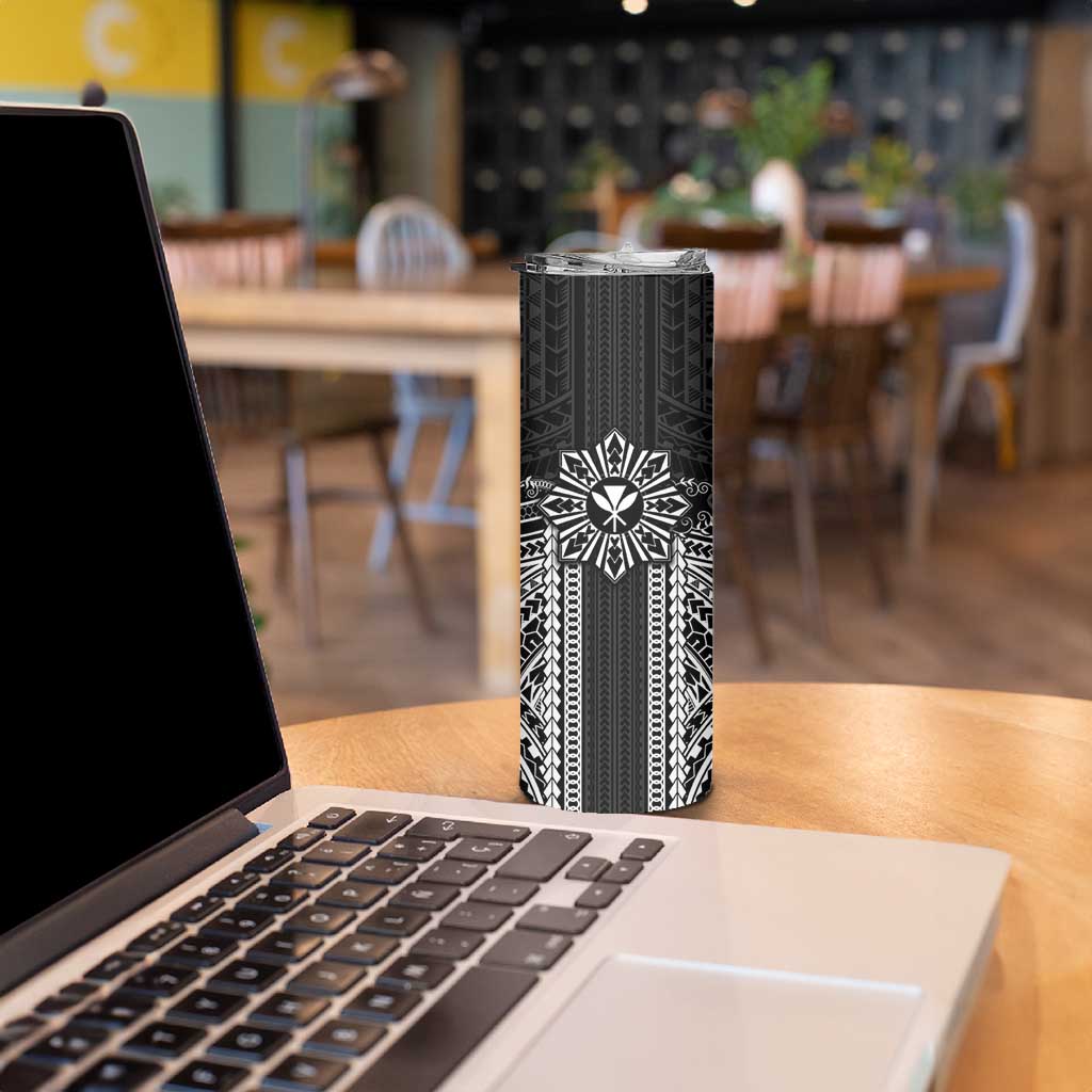 Hawaii And Philippines Together Skinny Tumbler Polynesian Pattern With Filipino Barong Black