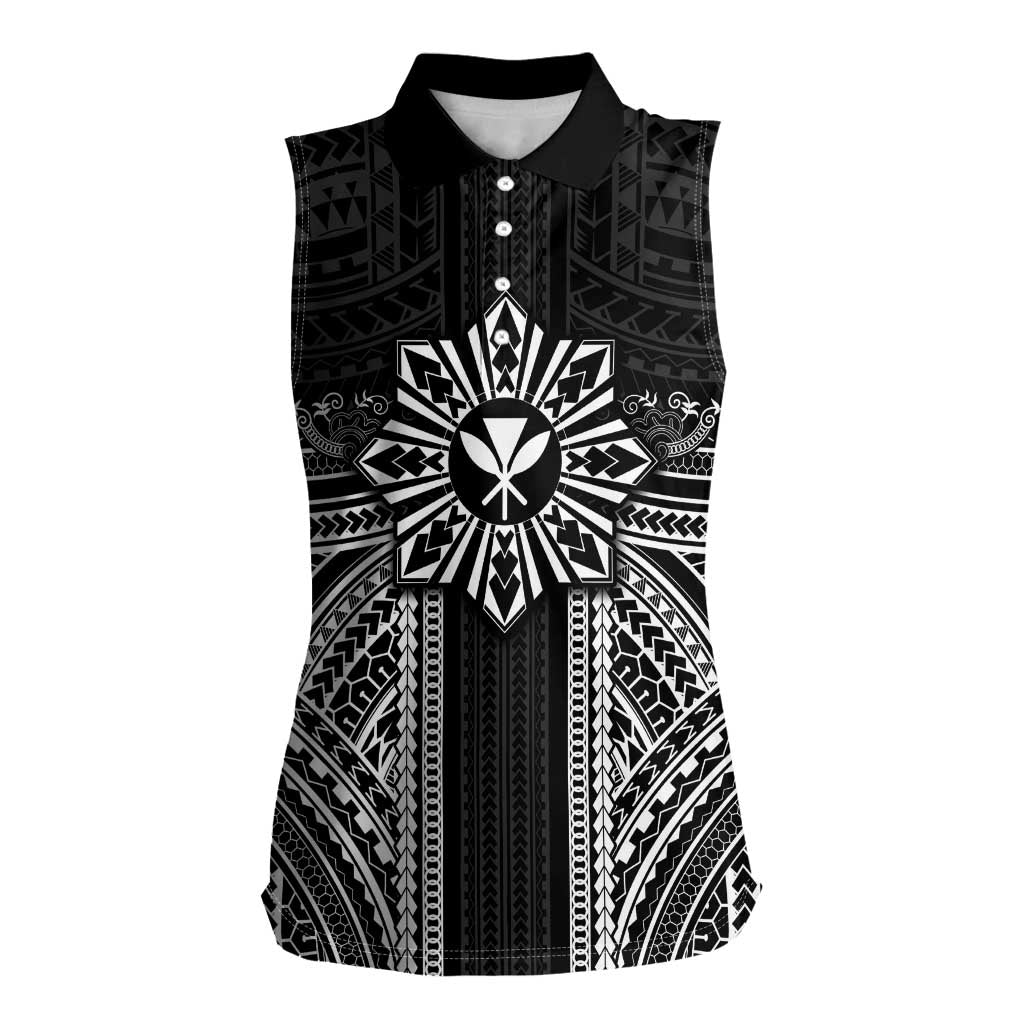 Hawaii And Philippines Together Women Sleeveless Polo Shirt Polynesian Pattern With Filipino Barong Black LT05 Female Black - Polynesian Pride
