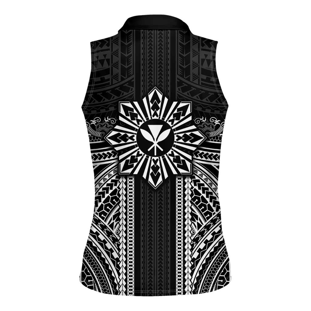 Hawaii And Philippines Together Women Sleeveless Polo Shirt Polynesian Pattern With Filipino Barong Black LT05 - Polynesian Pride