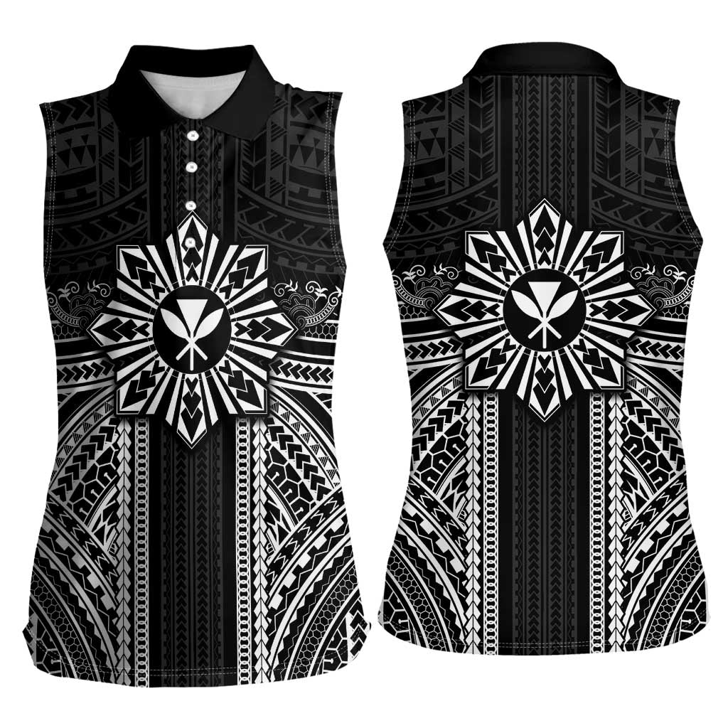 Hawaii And Philippines Together Women Sleeveless Polo Shirt Polynesian Pattern With Filipino Barong Black LT05 - Polynesian Pride