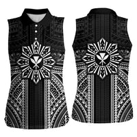 Hawaii And Philippines Together Women Sleeveless Polo Shirt Polynesian Pattern With Filipino Barong Black LT05 - Polynesian Pride