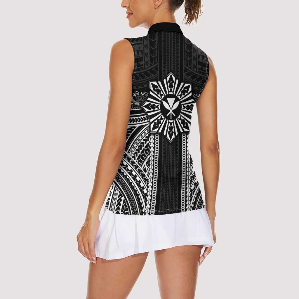 Hawaii And Philippines Together Women Sleeveless Polo Shirt Polynesian Pattern With Filipino Barong Black LT05 - Polynesian Pride