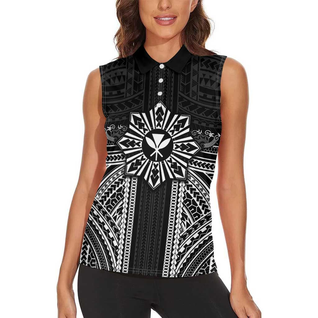 Hawaii And Philippines Together Women Sleeveless Polo Shirt Polynesian Pattern With Filipino Barong Black LT05 - Polynesian Pride