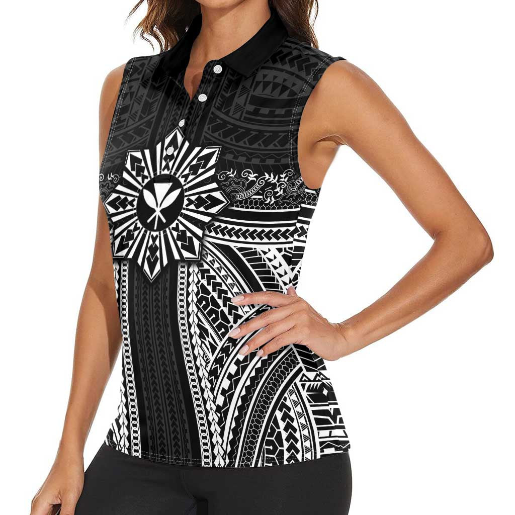 Hawaii And Philippines Together Women Sleeveless Polo Shirt Polynesian Pattern With Filipino Barong Black LT05 - Polynesian Pride