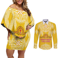 Personalised Anastasis College Couples Matching Off Shoulder Short Dress and Long Sleeve Button Shirt Tonga Ngatu Pattern LT05 Yellow - Polynesian Pride