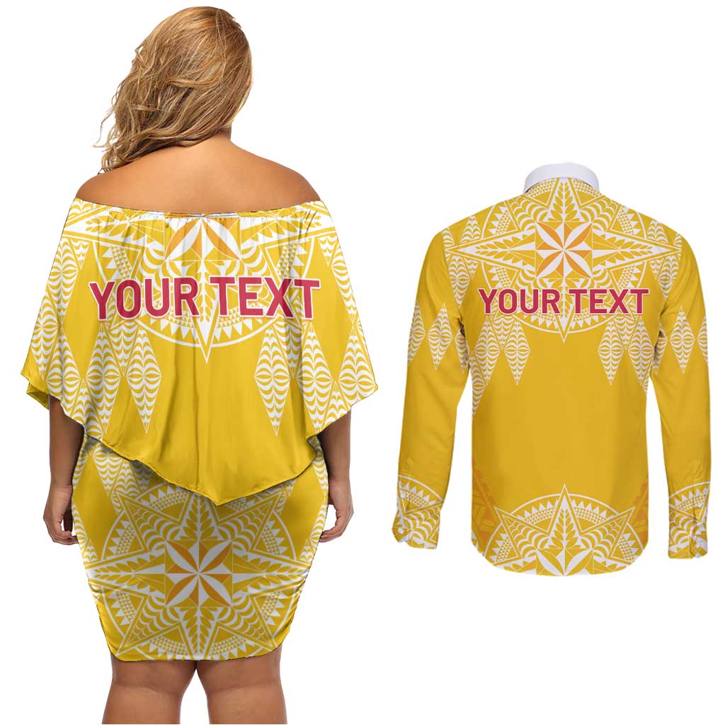Personalised Anastasis College Couples Matching Off Shoulder Short Dress and Long Sleeve Button Shirt Tonga Ngatu Pattern LT05 - Polynesian Pride