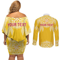 Personalised Anastasis College Couples Matching Off Shoulder Short Dress and Long Sleeve Button Shirt Tonga Ngatu Pattern LT05 - Polynesian Pride