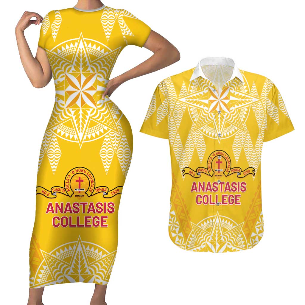 Personalised Anastasis College Couples Matching Short Sleeve Bodycon Dress and Hawaiian Shirt Tonga Ngatu Pattern - Polynesian Pride