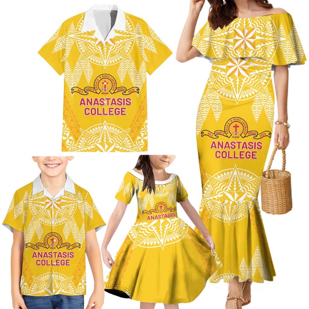 Personalised Anastasis College Family Matching Mermaid Dress and Hawaiian Shirt Tonga Ngatu Pattern LT05 - Polynesian Pride
