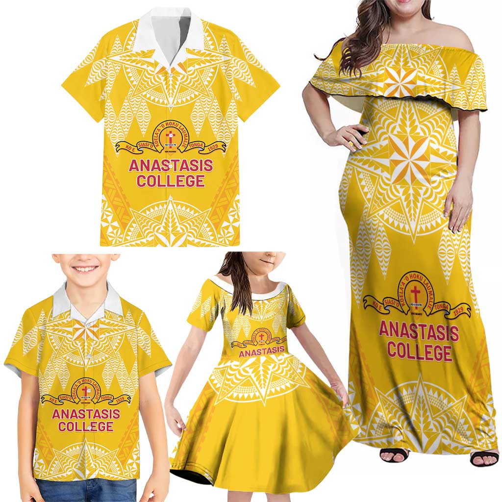 Personalised Anastasis College Family Matching Off Shoulder Maxi Dress and Hawaiian Shirt Tonga Ngatu Pattern - Polynesian Pride