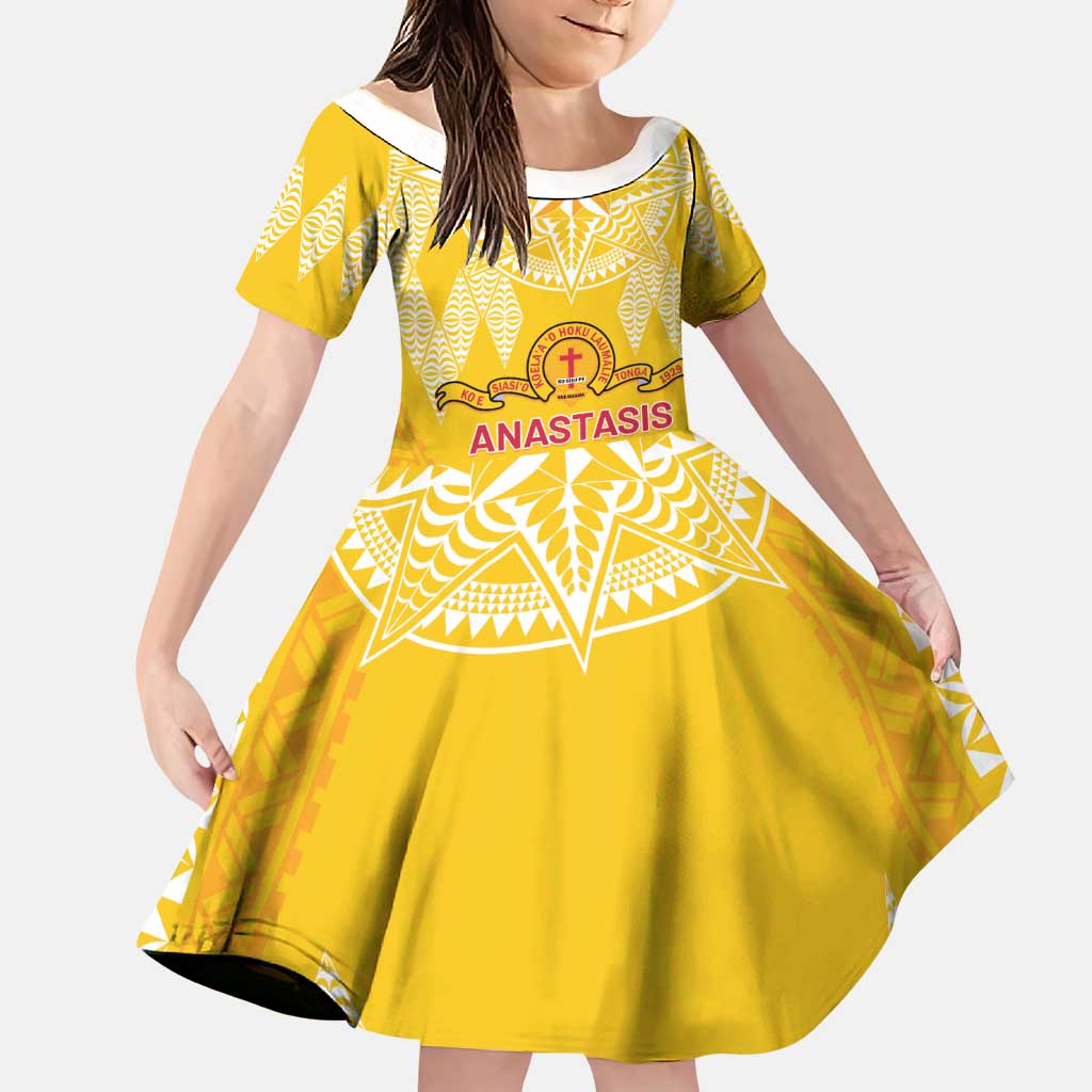 Personalised Anastasis College Family Matching Short Sleeve Bodycon Dress and Hawaiian Shirt Tonga Ngatu Pattern LT05 Daughter's Dress Yellow - Polynesian Pride