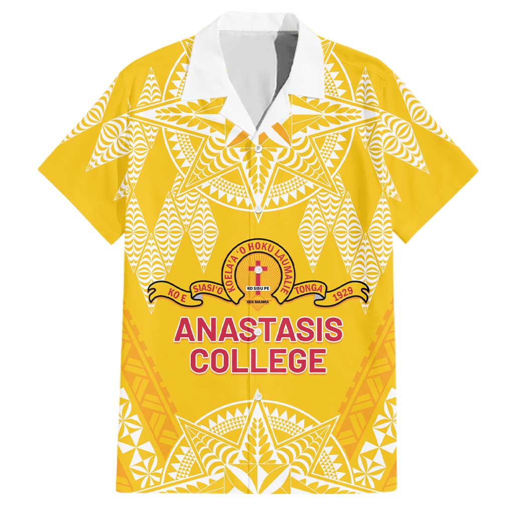 Personalised Anastasis College Family Matching Tank Maxi Dress and Hawaiian Shirt Tonga Ngatu Pattern LT05 Dad's Shirt - Short Sleeve Yellow - Polynesian Pride