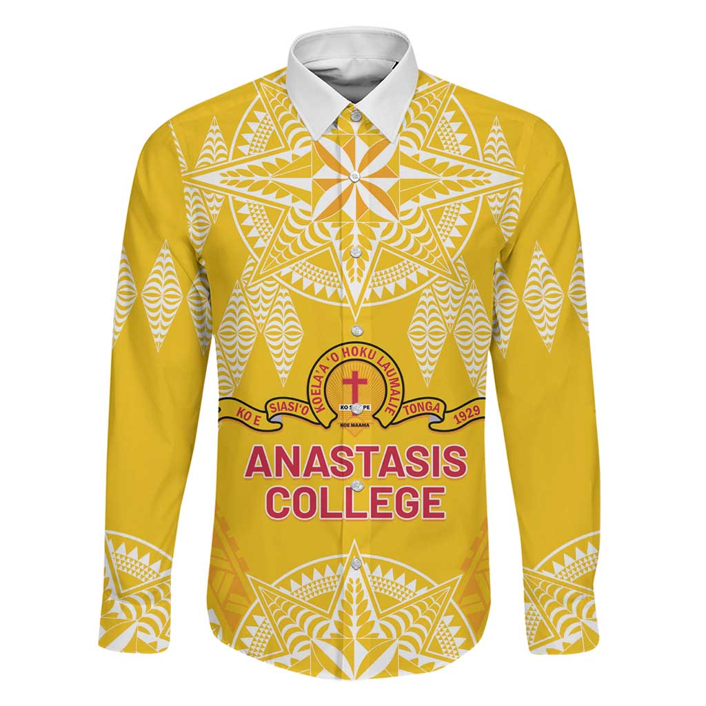 Personalised Anastasis College Family Matching Tank Maxi Dress and Hawaiian Shirt Tonga Ngatu Pattern LT05 Dad's Shirt - Long Sleeve Yellow - Polynesian Pride