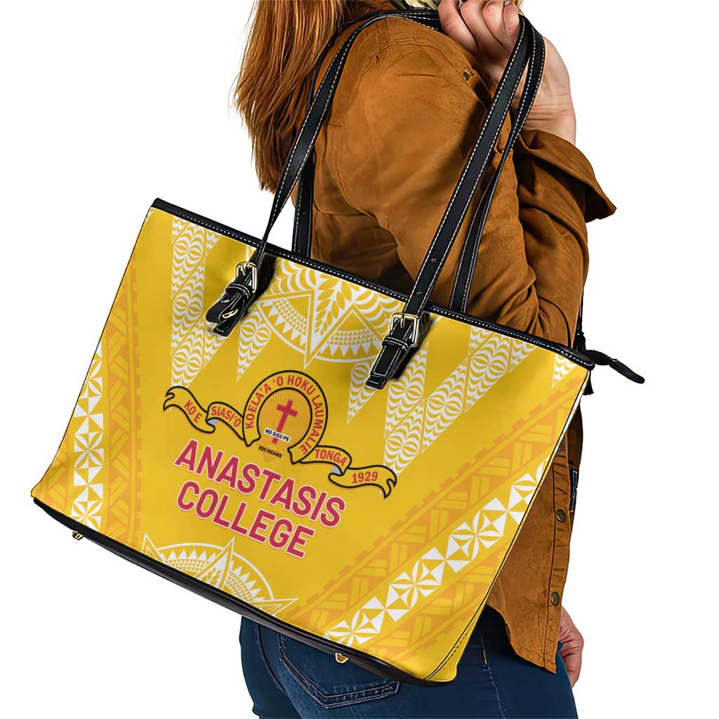 Anastasis College Leather Tote Bag Tonga Ngatu Pattern - Polynesian Pride