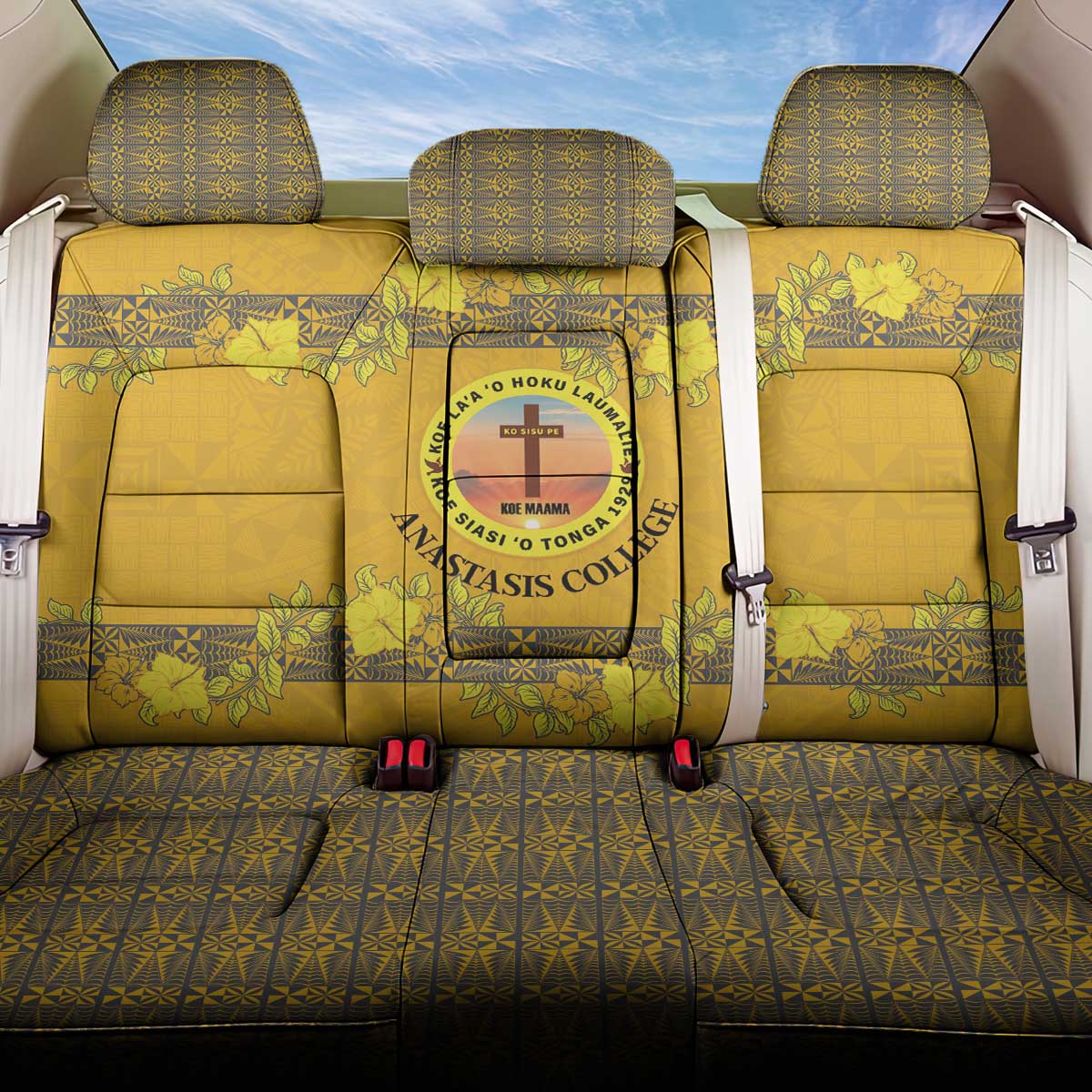 Tonga Anastasis College Back Car Seat Cover Tongan Ngatu Kupesi Pattern LT05 One Size Yellow - Polynesian Pride