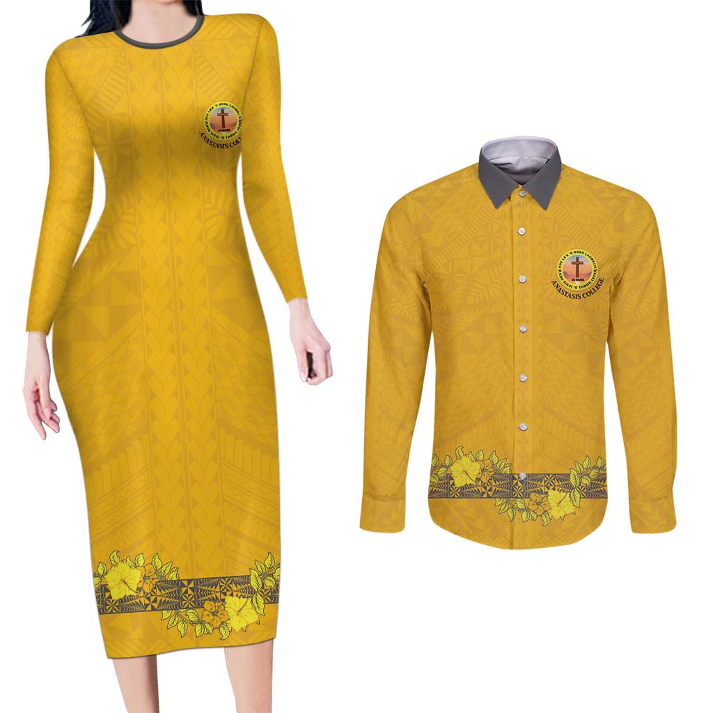 Tonga Anastasis College Couples Matching Long Sleeve Bodycon Dress and Long Sleeve Button Shirt Tongan Ngatu Kupesi Pattern LT05 Yellow - Polynesian Pride