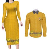 Tonga Anastasis College Couples Matching Long Sleeve Bodycon Dress and Long Sleeve Button Shirt Tongan Ngatu Kupesi Pattern LT05 Yellow - Polynesian Pride