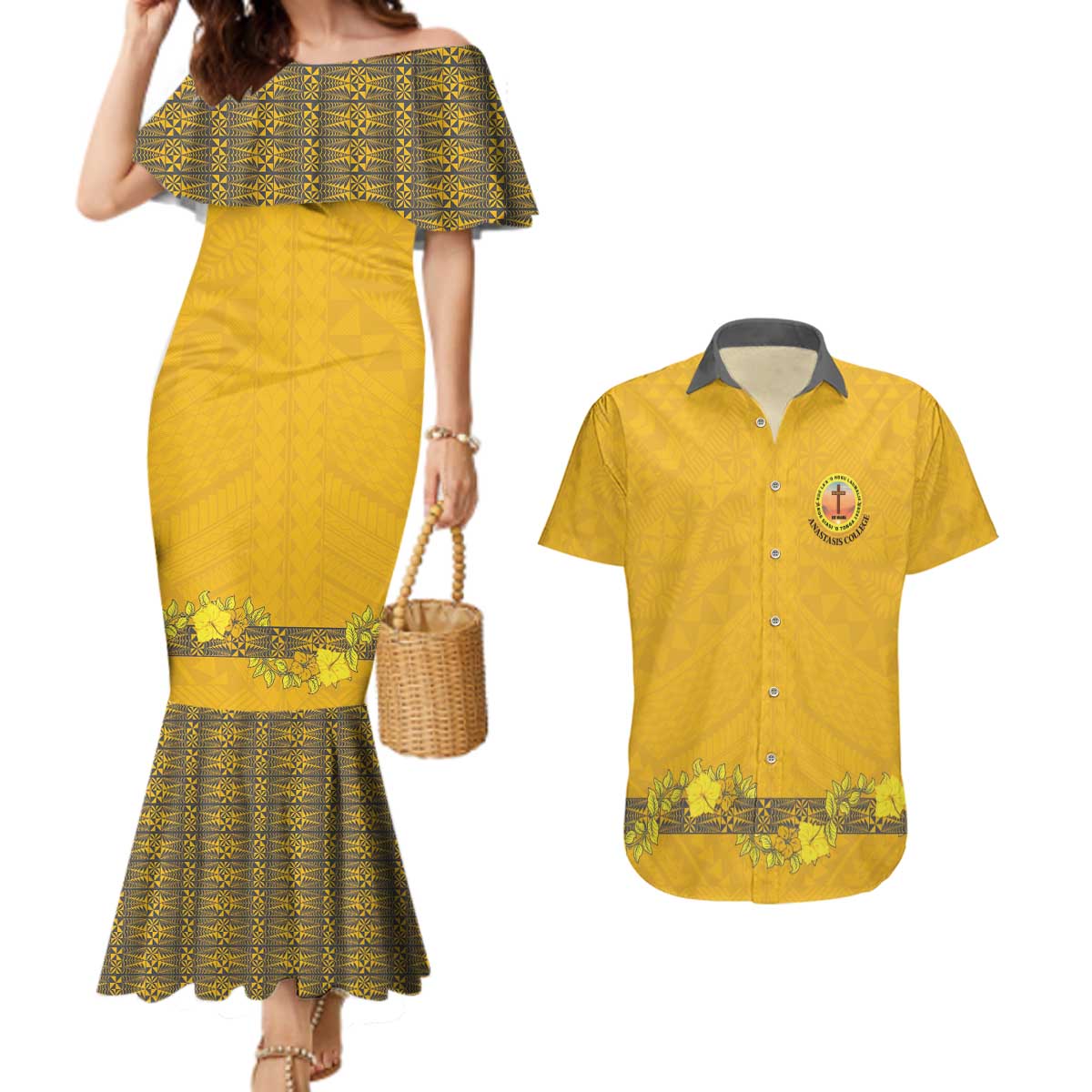 Tonga Anastasis College Couples Matching Mermaid Dress and Hawaiian Shirt Tongan Ngatu Kupesi Pattern LT05 Yellow - Polynesian Pride