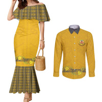 Tonga Anastasis College Couples Matching Mermaid Dress and Long Sleeve Button Shirt Tongan Ngatu Kupesi Pattern LT05 Yellow - Polynesian Pride
