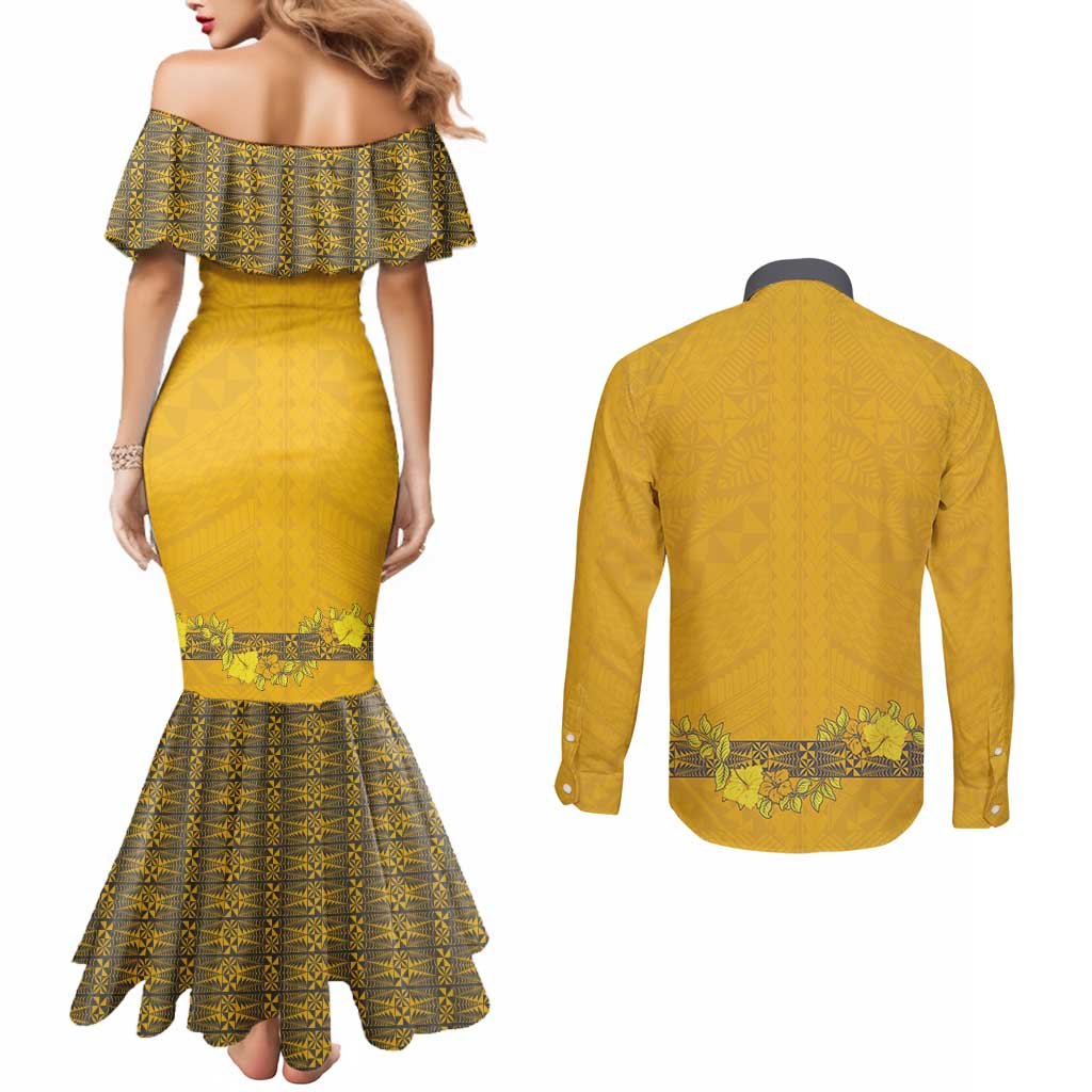 Tonga Anastasis College Couples Matching Mermaid Dress and Long Sleeve Button Shirt Tongan Ngatu Kupesi Pattern LT05 - Polynesian Pride