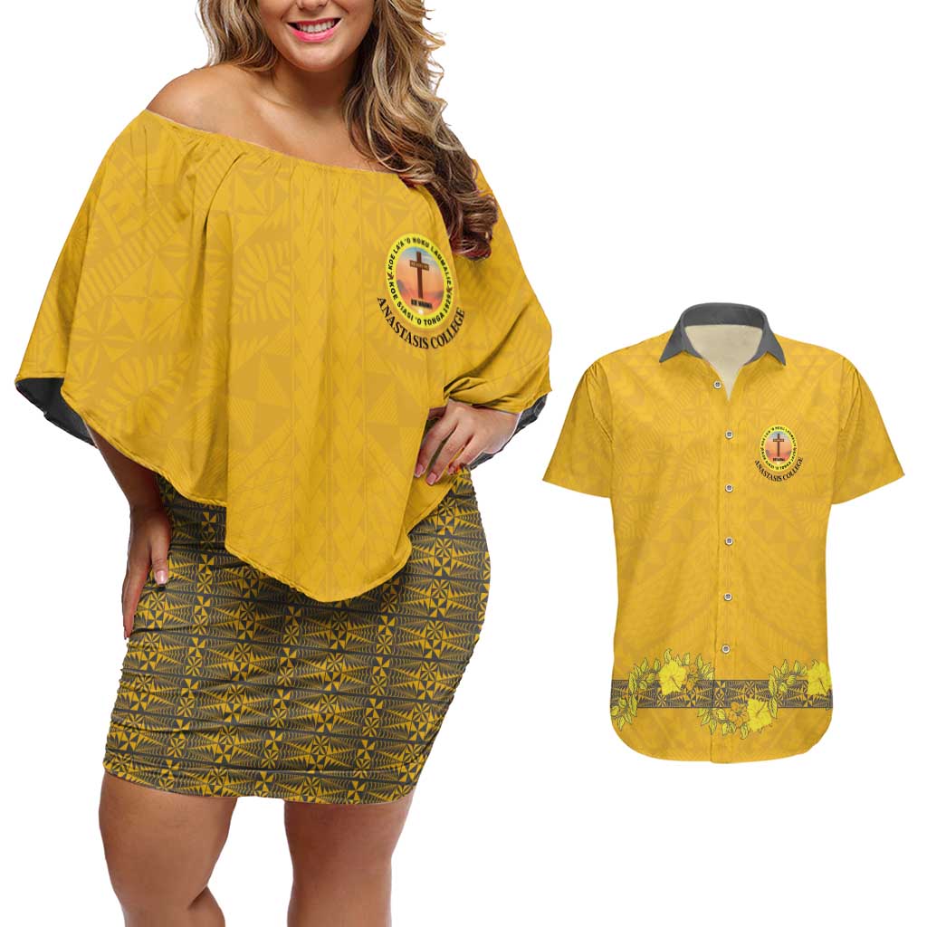 Tonga Anastasis College Couples Matching Off Shoulder Short Dress and Hawaiian Shirt Tongan Ngatu Kupesi Pattern LT05 Yellow - Polynesian Pride