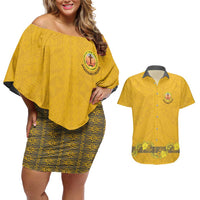 Tonga Anastasis College Couples Matching Off Shoulder Short Dress and Hawaiian Shirt Tongan Ngatu Kupesi Pattern LT05 Yellow - Polynesian Pride