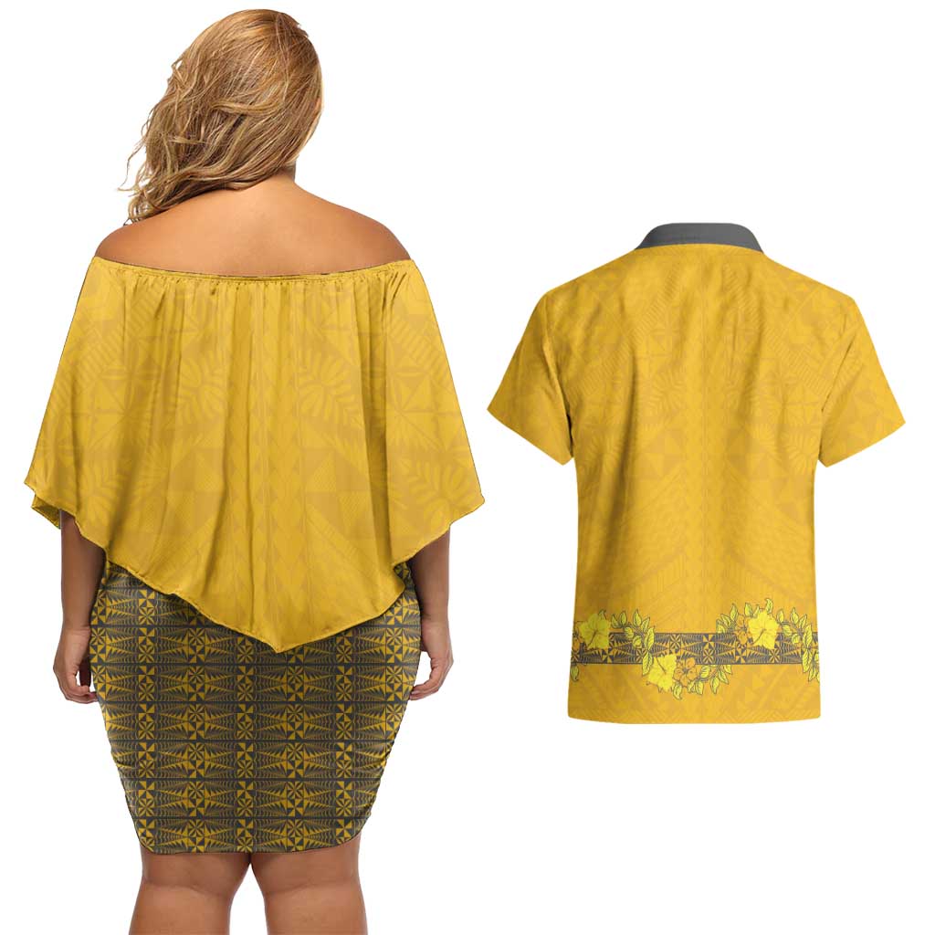 Tonga Anastasis College Couples Matching Off Shoulder Short Dress and Hawaiian Shirt Tongan Ngatu Kupesi Pattern LT05 - Polynesian Pride