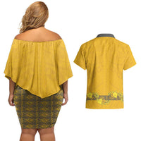 Tonga Anastasis College Couples Matching Off Shoulder Short Dress and Hawaiian Shirt Tongan Ngatu Kupesi Pattern LT05 - Polynesian Pride