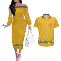 Tonga Anastasis College Couples Matching Off The Shoulder Long Sleeve Dress and Hawaiian Shirt Tongan Ngatu Kupesi Pattern LT05 Yellow - Polynesian Pride