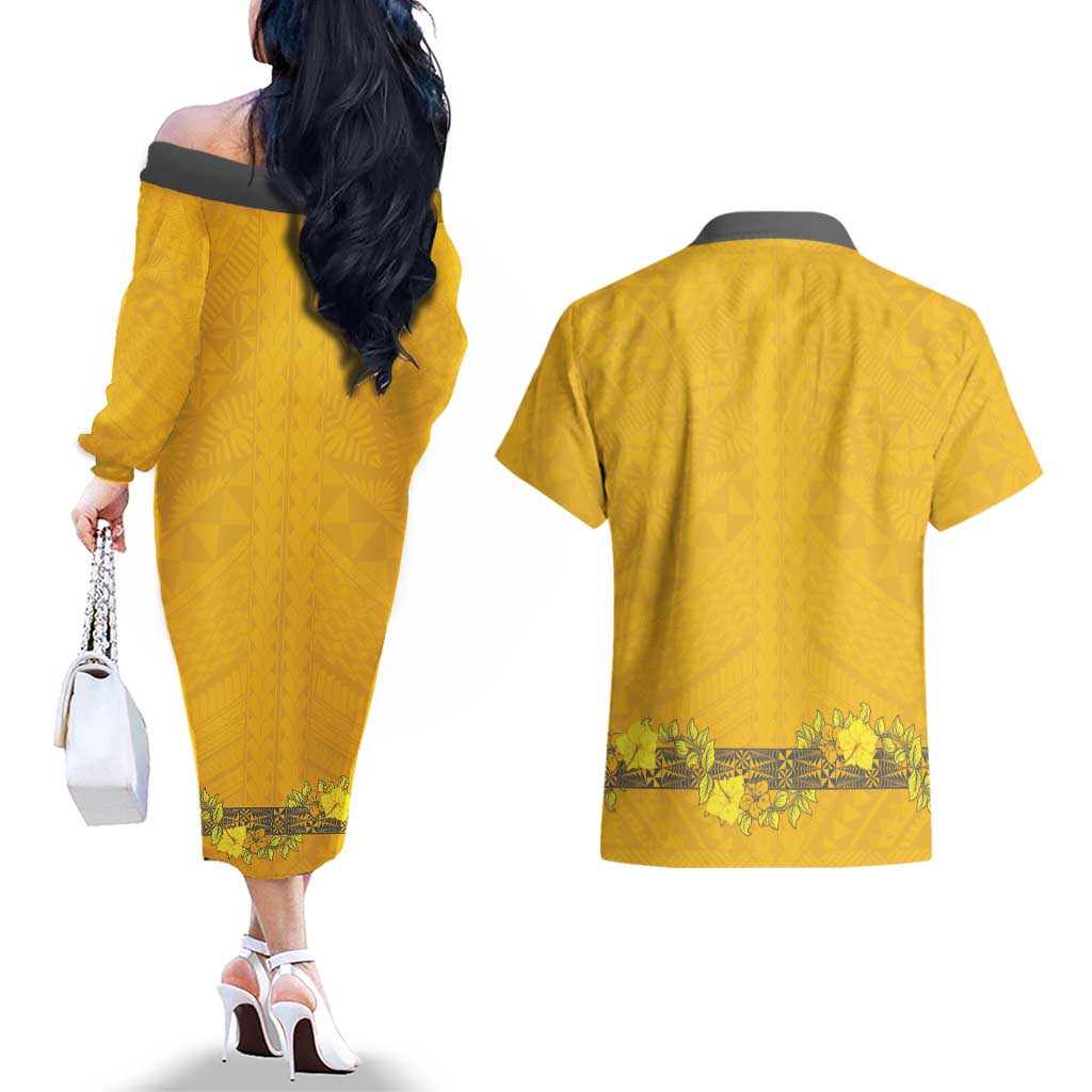 Tonga Anastasis College Couples Matching Off The Shoulder Long Sleeve Dress and Hawaiian Shirt Tongan Ngatu Kupesi Pattern LT05 - Polynesian Pride