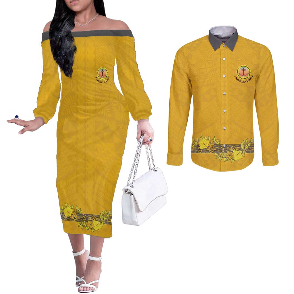 Tonga Anastasis College Couples Matching Off The Shoulder Long Sleeve Dress and Long Sleeve Button Shirt Tongan Ngatu Kupesi Pattern LT05 Yellow - Polynesian Pride